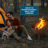 Hoberg Feuerschale in Rost-Patina Ø 58 cm mit stabilem Stand, rostiger Halbkugelform und auffälligem Flammeneffekt beim Camping.
