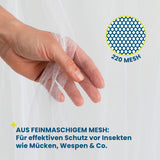 HOBERG Insekten-Baldachin mit feinmaschigem 220 Mesh Netz für effektiven Schutz vor Mücken und Wespen an Einzel- und Doppelbetten.