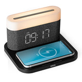 N8WERK Nachttischlampe mit Wireless Charger, LED-Uhrzeit, Weckfunktion und kabellosem Laden für Smartphones.