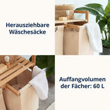 LUMALAND Bambus Wäschekorb mit 2 ausziehbaren Wäschesäcken, 60 L Fassungsvolumen, beige, stilvoll und pflegeleicht.