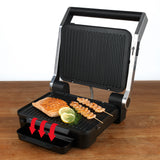 MAXXMEE Kontakt-Grill mit 6 Programmen, 2000W, mit abnehmbaren Grillplatten und Fettauffangschale, ideal für Fisch und Garnelen.