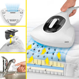 N8WERK Milbensauger in der Moonlight Edition entfernt Milben mit UV-C-Licht und HEPA 11-Filter, ideal für Matratzen und Bettwaren.