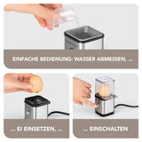GOURMETmaxx Eierkocher für 1 Ei silber/schwarz mit einfacher Bedienung: Wasser messen, Ei einsetzen, einschalten für perfektes Frühstücksei.