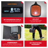 EASYmaxx Powerstation tragbar - 1048Wh schwarz/orange mit LED-Licht, Display, verschiedenen Anschlüssen und praktischem Tragegriff.