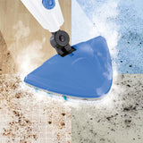 CLEANmaxx Dampfbesen mit Dampfregulierung blau/weiß zeigt kraftvolle Reinigung auf verschiedenen Bodenbelägen mit Dampffunktion.