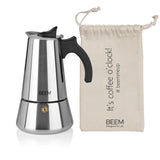 BEEM ESPRESSOMAKER - Espressokocher 6 Tassen aus Edelstahl mit Baumwollbeutel, geeignet für alle Herdarten bis Induktion.