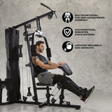 FitEngine Kraftstation mit verstellbaren Gewichten, gepolsterten Griffen und vielfältigen Trainingsmöglichkeiten für Ganzkörper-Workout zuhause.