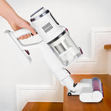 CLEANmaxx Akku-Zyklon-Staubsauger Pro 22,2 Volt in Weiß/Rot mit langer Akkulaufzeit und rotierender Mikrofaserdüse reinigt Treppen mühelos.