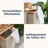 LUMALAND Bambus Wäschekorb mit 2 ausziehbaren Wäschesäcken, 60 L Fassungsvermögen, grau, stilvoll und praktisch.