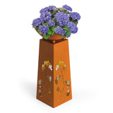 Hoberg LED Pflanzsäule in Rost-Optik mit Gingkoblätter-Design und abnehmbarer Pflanzschale, batteriebetrieben mit LED-Beleuchtung.