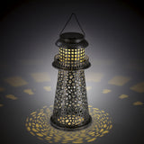 GARVIDA Solar-Leuchte Leuchtturm - silber mit perforiertem Metall-Design und LED-Licht, solarbetrieben und kabellos für Garten und Terrasse.