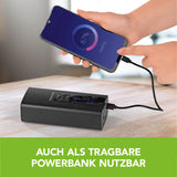 EASYmaxx Akku-Handkompressor mit Digital-Display schwarz zeigt Powerbank-Funktion zum Laden von Smartphones.