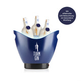 TURM GIN LED-Eiswürfelbehälter blau/schwarz mit 4 l Fassungsvermögen, LED-Beleuchtung und Griffen zum Kühlen von Getränken.