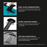 FitEngine Junior Trip SUP-Board Set (Allrounder) mit Easy Click Finnen, leichtem Aluminium-Paddel und wasserdichter Handytasche.