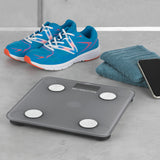 MAXXMEE Personen-Waage Körperanalyse mit Bluetooth & App grau, digitale Waage zur Körperfett- und BMI-Messung mit App-Anbindung.