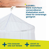 HOBERG Insekten-Baldachin für Einzel- & Doppelbetten mit flexiblem Klebehaken, ideal für Zuhause und auf Reisen, leicht zu montieren.