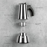 BEEM ESPRESSOMAKER - Espressokocher 6 Tassen aus Edelstahl, induktionsgeeignet, hitzebeständiger Griff, 300 ml Fassungsvermögen, 25 g Kaffeepulver.