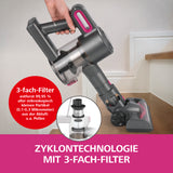 CLEANmaxx Akku-Zyklon-Staubsauger anthrazit/pink mit 3-fach-Filter und Zyklontechnologie entfernt kleinste Partikel und Pollen.