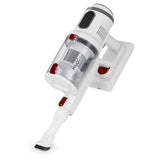 CLEANmaxx Akku-Zyklon-Staubsauger Pro weiß/rot mit langer Akkulaufzeit, automatischer Schmutzgradeerkennung und rotierender Mikrofaserdüse.