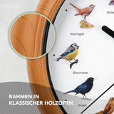Wanduhr Küchenuhr Uhr Analog Vogelstimmen mit 12 Singvogelstimmen, klassischer Holzrahmen, 25 cm, batteriebetrieben, automatische Abschaltung nachts.