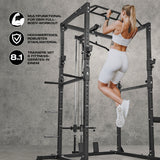 FitEngine Power Rack mit Klimmzugstange aus robustem Stahl für vielseitiges Krafttraining und variabel einstellbare Höhe.