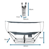 Hoberg klappbare Hängematte mit Sonnendach, tragbar, robust und flexibel, Maße und faltbar für einfachen Transport.