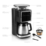FRESH-AROMA-PERFECT III Filterkaffeemaschine mit Mahlwerk und Isolierkanne, digitalem Display und Mahlgradeinstellungen.