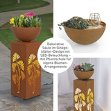 GARVIDA LED-Dekosäule Rost-Optik Ginko mit Pflanzschale, LED-Beleuchtung, batteriebetrieben, ideal für Garten, Terrasse und Balkon.