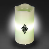Borussia Mönchengladbach LED-Echtwachskerze mit rotierender BMG-Logo-Projektion, weiß, Timer und USB- oder Batteriebetrieb.