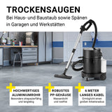 N8WERK Sprüh- und Waschsauger Power Clean mit robustem PP-Gehäuse, Aluminiumrohr und 6 Meter Kabel für effektives Trockensaugen.