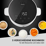 N8WERK Digitaler Reiskocher mit Touch-Display, 5 Kochprogrammen, Timer und Warmhaltefunktion für vielseitiges, gesundes Kochen.