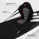 FitEngine SUP Kajaksitz für SUP-Boards mit weicher Polsterung, robusten Gurten und Karabinerhaken für sichere Befestigung.
