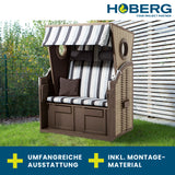 Hoberg 2-Sitzer-Strandkorb mit Bullaugen aus Hartholz und PE-Geflecht, verstellbar und inkl. Montagezubehör für Strand und Garten.