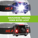 EASYmaxx Stirnlampe - schwarz/rot mit aktivierbarem Bewegungssensor und weißem oder rotem Licht, 150 Lumen, IP44 spritzwassergeschützt.