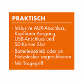 EASYmaxx Retro-Radio - mint mit AUX-Anschluss, Kopfhörer-Ausgang, USB, SD-Karten-Slot, Batteriebetrieb, Netzanschluss und Tragegriff.