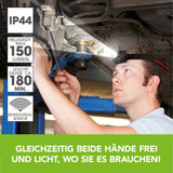 EASYmaxx Stirnlampe schwarz/rot mit Bewegungssensor, 150 Lumen, 5 Leucht-Modi, IP44 spritzwassergeschützt, ideal für freihändiges Arbeiten.