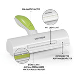 EASYmaxx Fusselroller für Tierhaare weiß/grün mit Mikrofaserstreifen, LED-Licht und integriertem Auffangbehälter für Tierhaare.