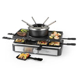 MAXXMEE Raclette- & Fondue-Set mit Fondue-Topf, 6 Gabeln, 8 Pfännchen und 2-in-1 Grillplatte für fettarmen Genuss.