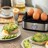 GOURMETmaxx Eierkocher für 6 Eier aus Edelstahl mit transparentem Deckel, integriertem Egg-Pick und einfacher Bedienung.