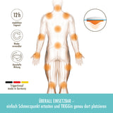 TRIGGin Triggerknopf orange mit blauem Tape zeigt Anwendungspunkte zur Schmerzlinderung und Muskelentspannung am Körper.