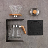 BEEM Kaffeebereiter Set Pour Over - 4-tlg. mit Glaskanne, Aluminiumgestell, Silikonunterlage und Holz-Optik Elementen, 600 ml, schwarz/Edelstahl.