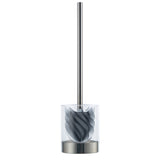 Moderne Toilettenbürste mit spiralförmigem Borstenkopf in einem durchsichtigen zylindrischen Halter mit Metallsockel und -griff.