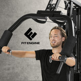 FitEngine Kraftstation mit gepolsterten Griffen für vielseitiges Ganzkörpertraining und individuell einstellbare Gewichte bis 67 kg.
