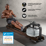 FitEngine Wasser-Rudergerät Smart braun mit Wasserwiderstand, kabelloser Kinomap-Verbindung und vollständigem Ganzkörper-Workout.