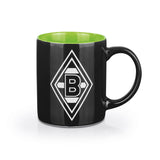 Borussia Mönchengladbach Kaffeebecher 350 ml schwarz/weiß/grün mit Logo, spülmaschinen- und mikrowellengeeignet, Keramik-Tasse für Fans.