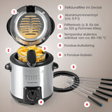 GOURMETmaxx Fritteuse mit Fondue-Set, Edelstahl/schwarz, 2in1 Fritteuse und Fondue mit 0,9 l Aluminium-Innentopf und 6 Fondue-Gabeln.