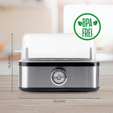 GOURMETmaxx Eierkocher für 6 Eier aus Edelstahl mit transparentem Deckel, BPA-frei und einfachem Ein-Knopf-Bedienungssystem.