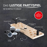 MAXXMEE Tischspiel Beer Pong mini mit robustem Holzbrett, 24 Bechern, Abschussvorrichtungen und Ball mit Seilbefestigung, kompakt 50x16x9cm.