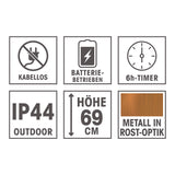 EASYmaxx LED-Dekosäule mit Flammeneffekt - Rost-Optik, 69 cm, kabellos, batteriebetrieben, 6h Timer, IP44 für Outdoor geeignet.