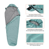 Where Tomorrow Camping Schlafsack Small & Light hellblau mit wasserabweisendem Material, Konturkapuze und praktischem Zwei-Wege-Reißverschluss.